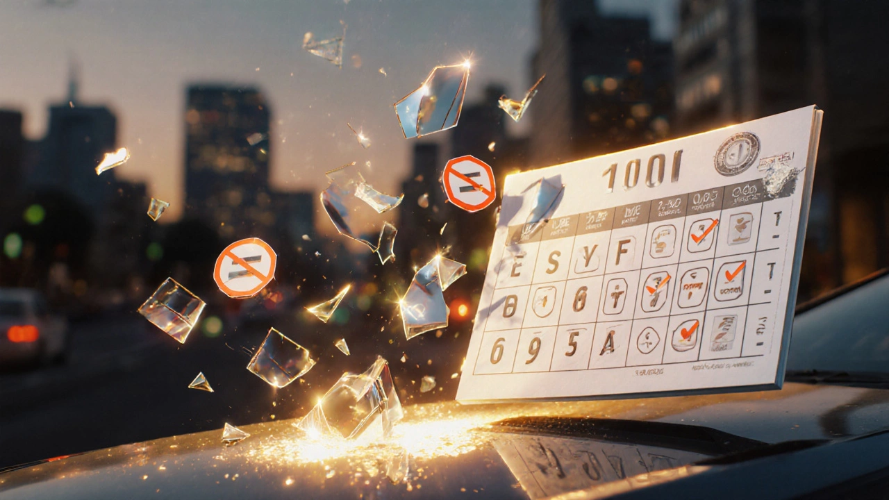 A glowing 100/100 driving score with shattered mistake icons falling away in a surreal scene.