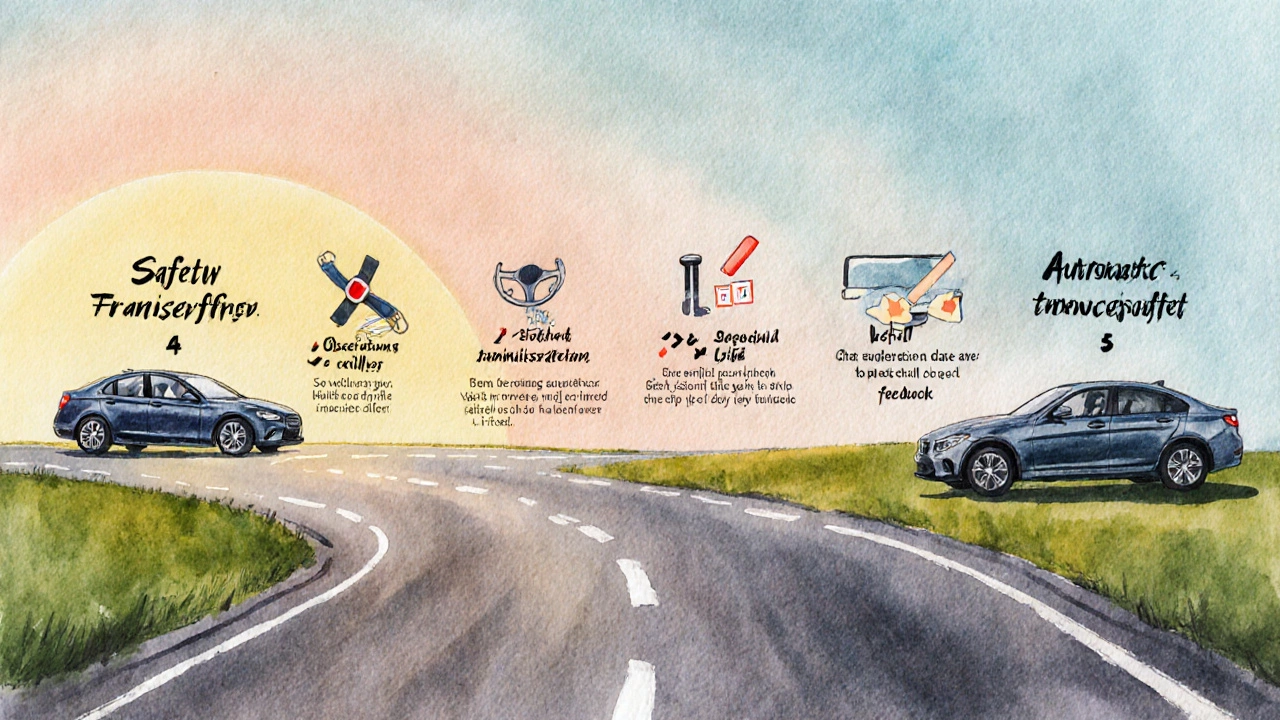 Artistic road with milestones representing lesson steps and icons for manual and automatic cars.