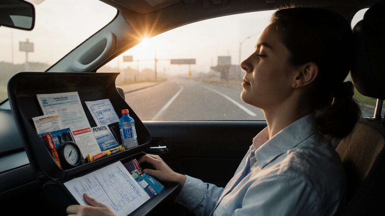 Car interior with checklist items in glove box and driver practicing box breathing before test.