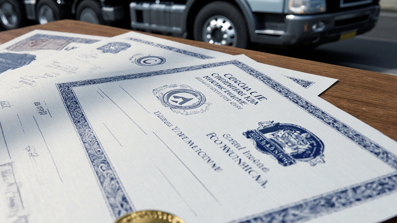 Close‑up of a UK HGV licence and CPC certificate on a table.
