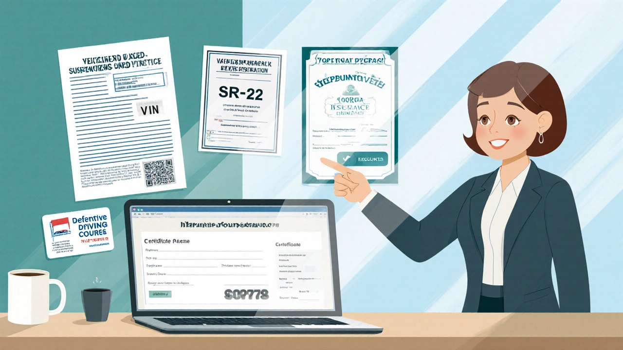 Desk with driver’s license, registration, SR‑22 form, and insurance agent reviewing paperwork.