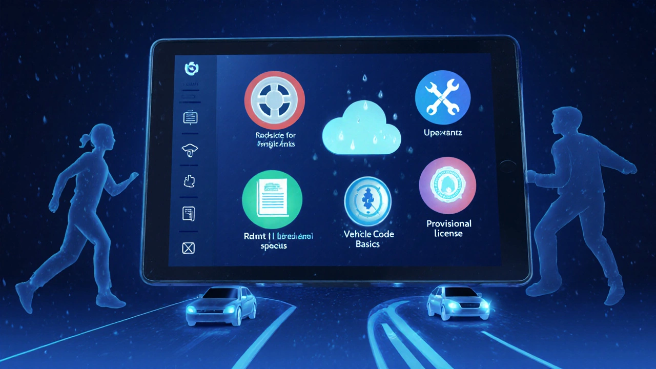 Digital dashboard showing icons for driving topics like safety, rain, maintenance, and rules.
