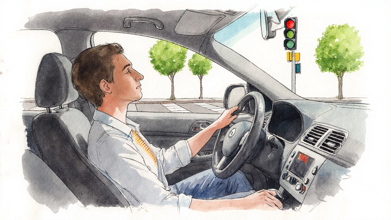 Driver at a red light practicing box breathing, hand on wheel, trees outside.
