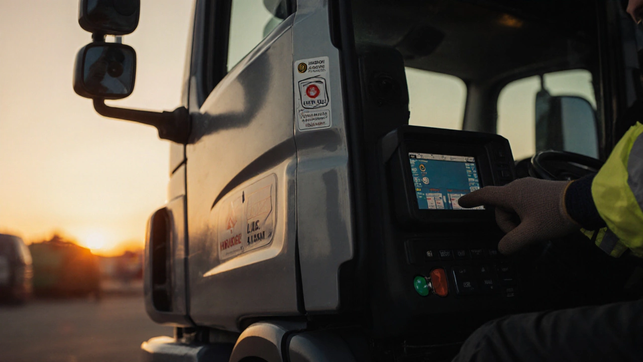 Driver checking Euro VI sticker, camera, and hydraulic alarm on a bin lorry at sunset.