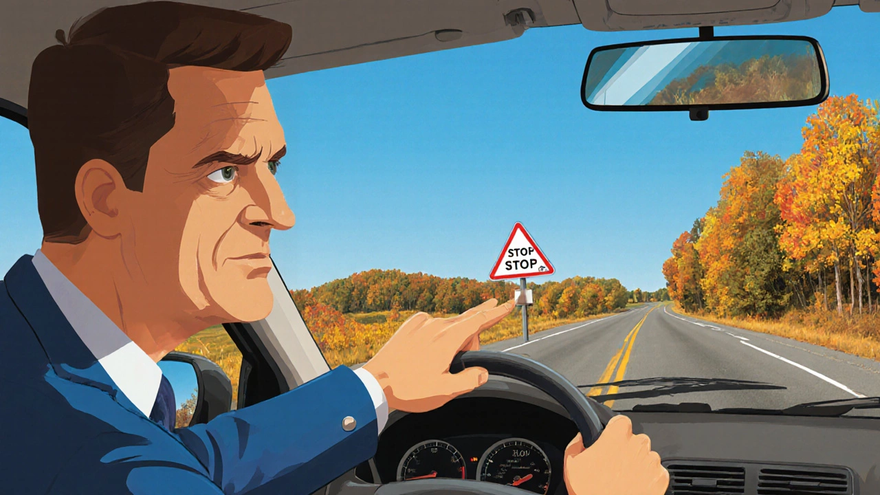 Driver making a slow lane change in Massachusetts under strict examiner observation on a quiet rural road.