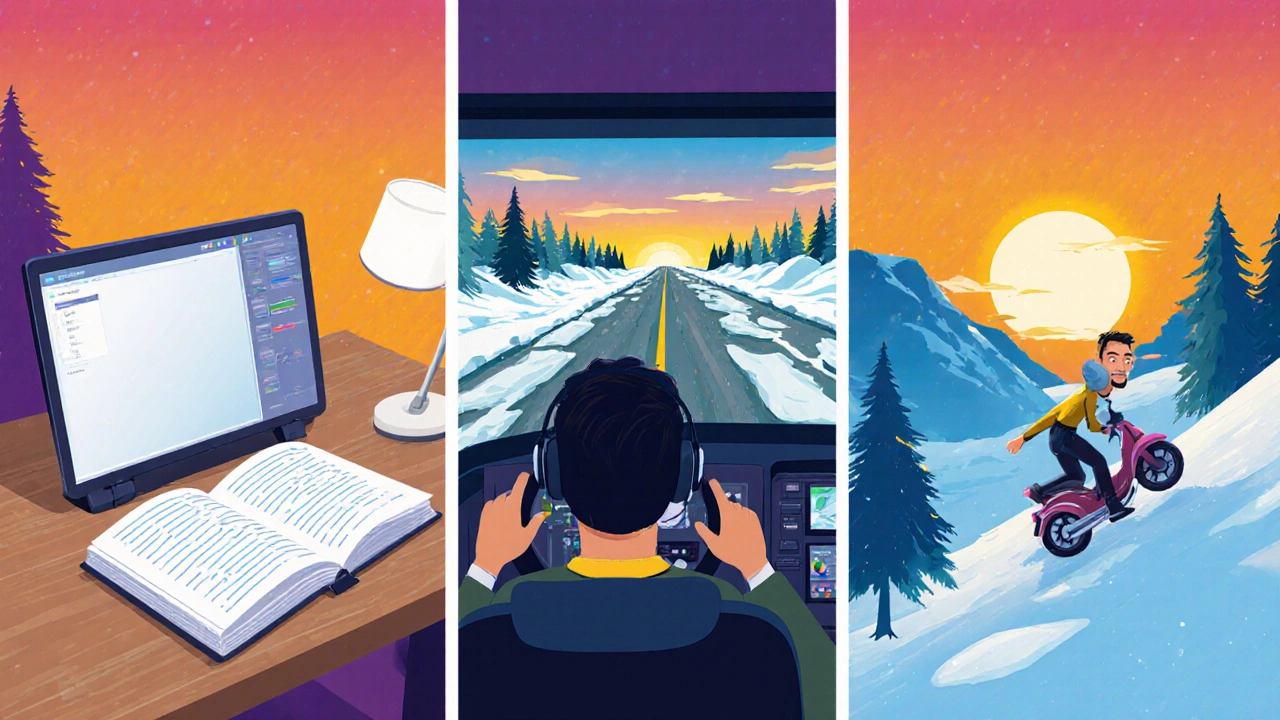 Driver preparing: studying theory, using a simulator on icy road, and practising hill start.