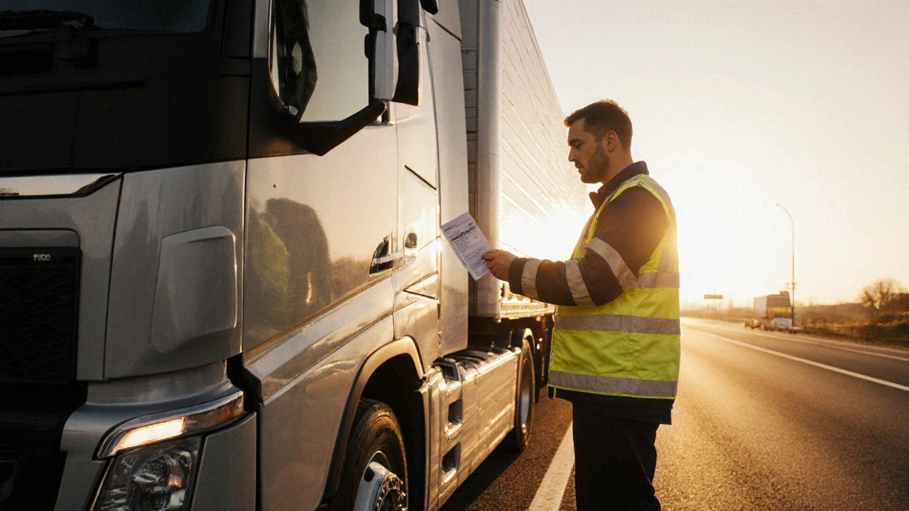 Driver receives full HGV licence beside a bright sunrise on the motorway.