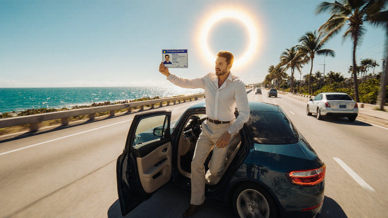 Driver receiving reinstated license, smiling beside car ready to drive on sunny Florida road.