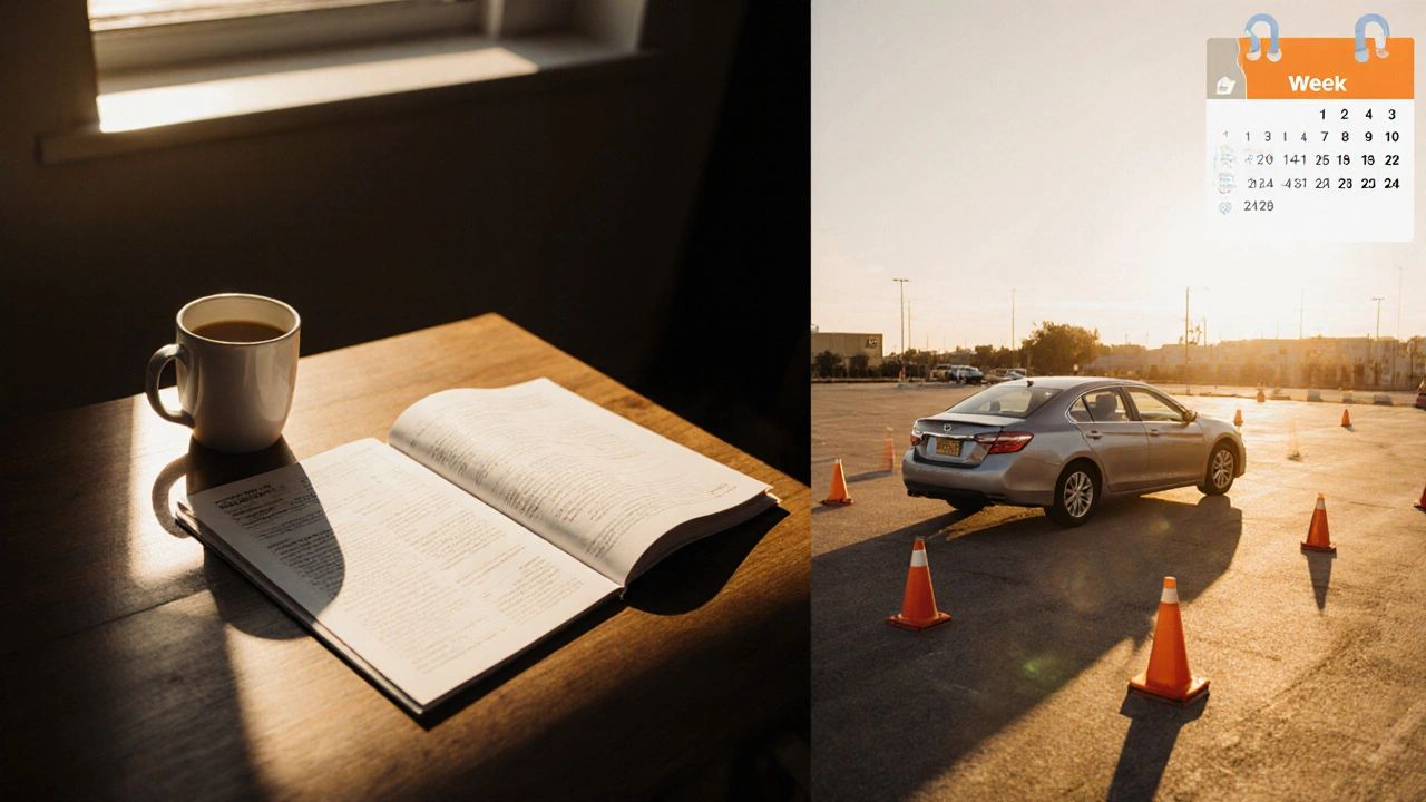 Driver studies a manual then practices maneuvers in a parking lot following a 4‑week plan.