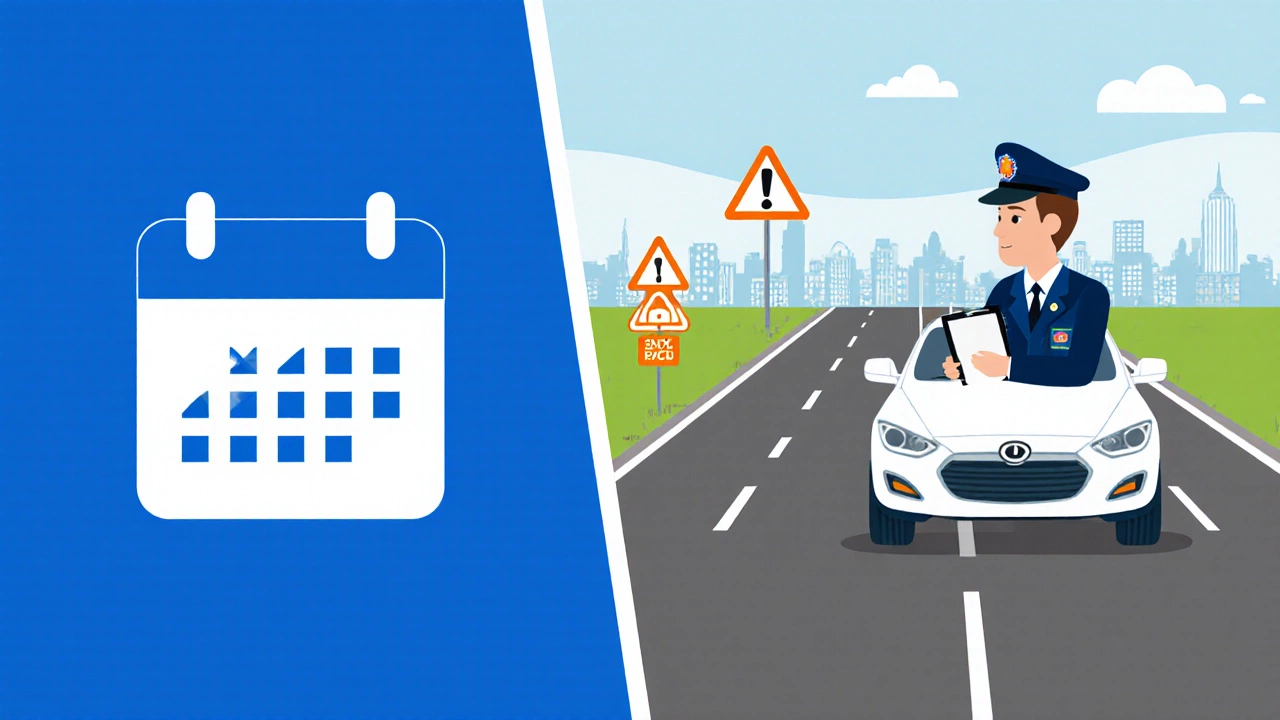 Driving examiner watches a learner driver during a practical test, hinting at a six‑attempt limit.