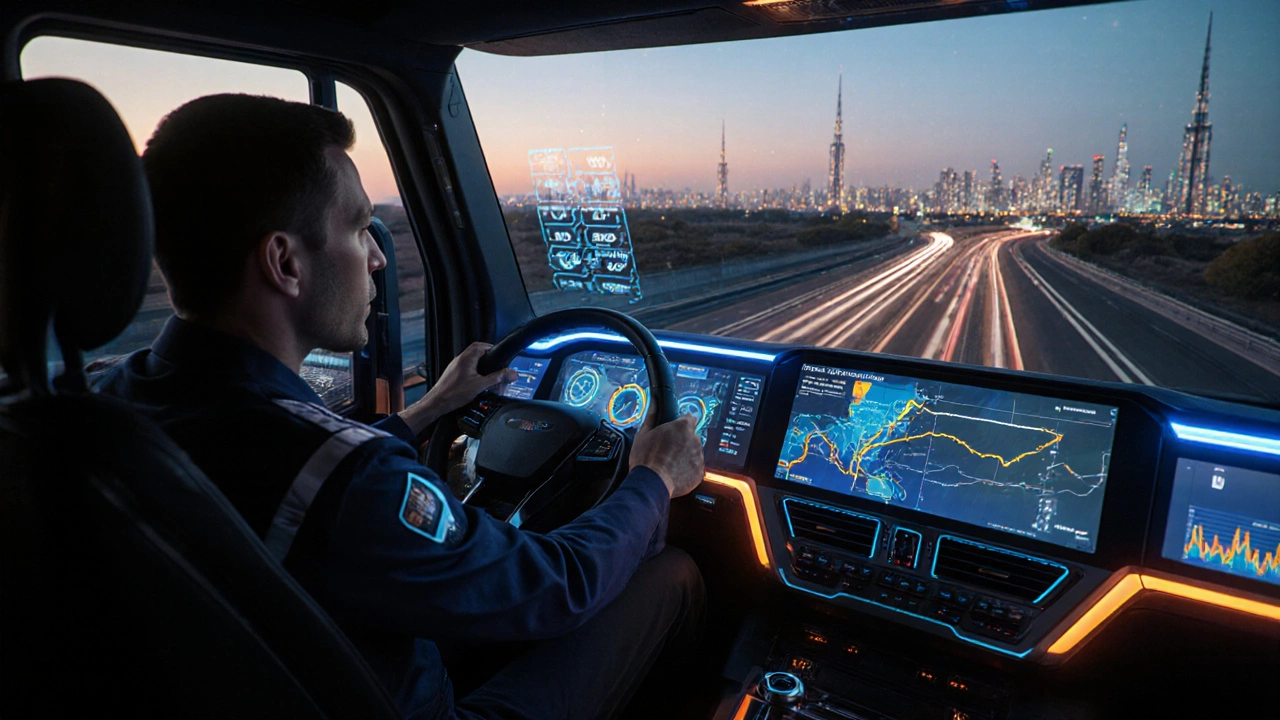 Futuristic lorry cabin at dusk with driver using holographic telematics displays.