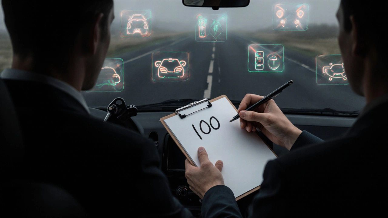 Hands holding a car key and pen writing &#039;100&#039; on a clipboard, surrounded by floating driving actions.