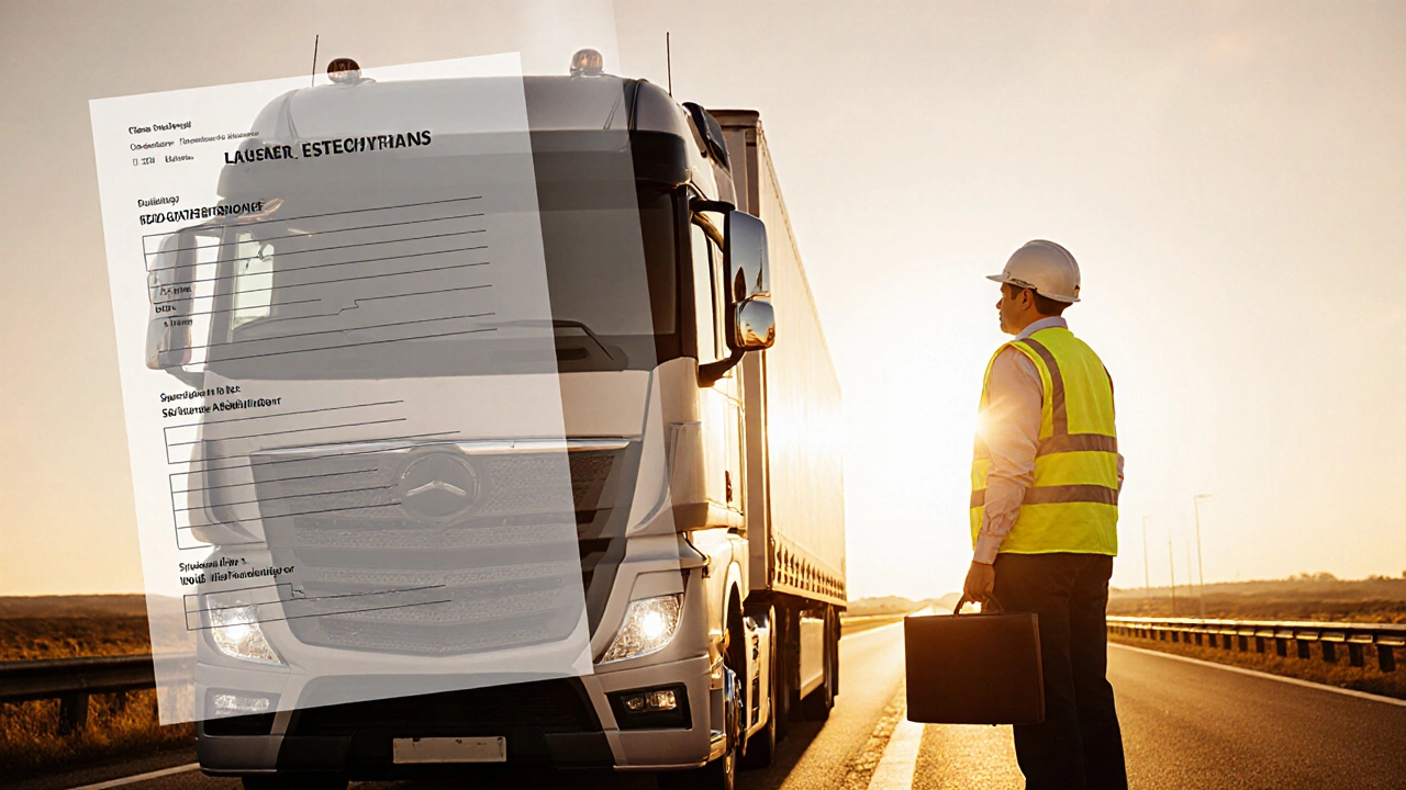 HGV driver standing beside an articulated truck on a sunrise highway.