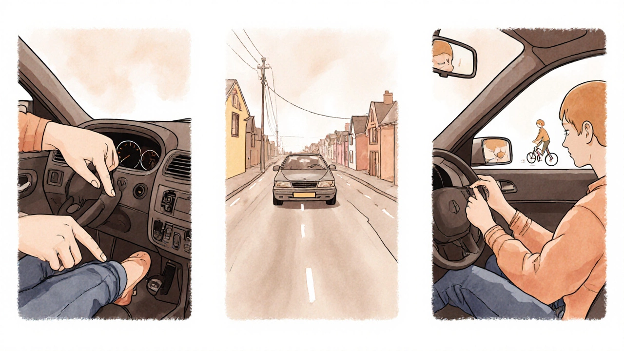 Illustrated lesson showing foot on pedals, car moving forward, and learner checking side mirrors.