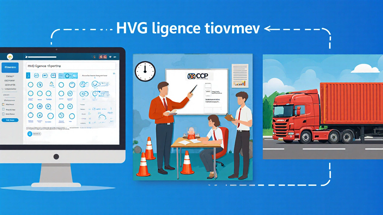 Illustrated three‑panel timeline: theory test, CPC classroom, practical HGV test.