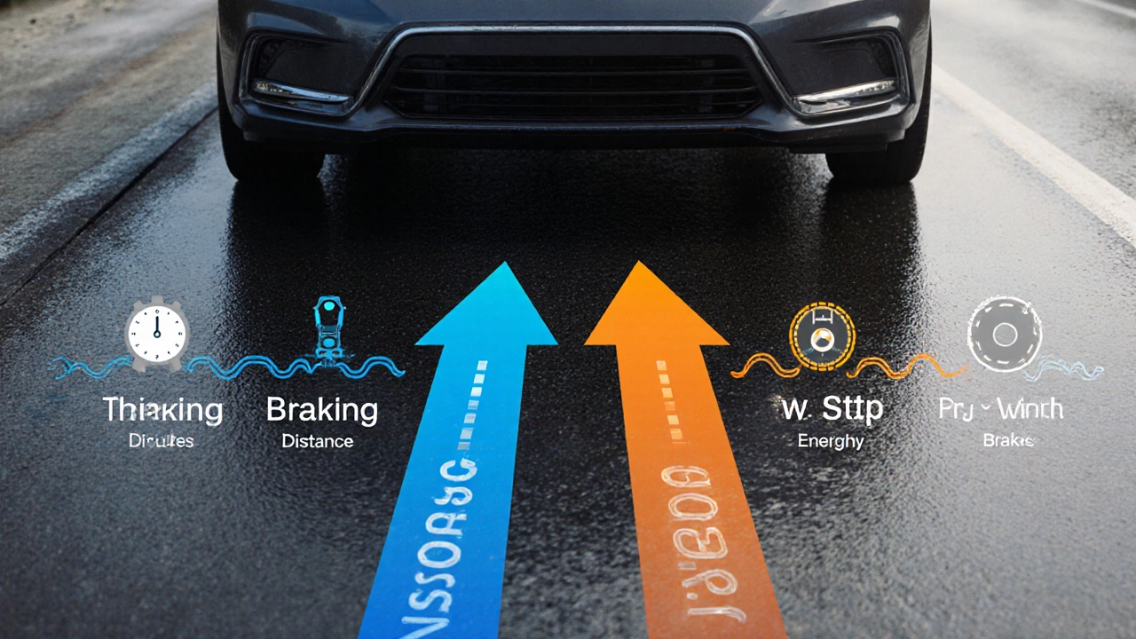 Illustration of a car showing separate thinking and braking distance arrows on dry and wet road surfaces.
