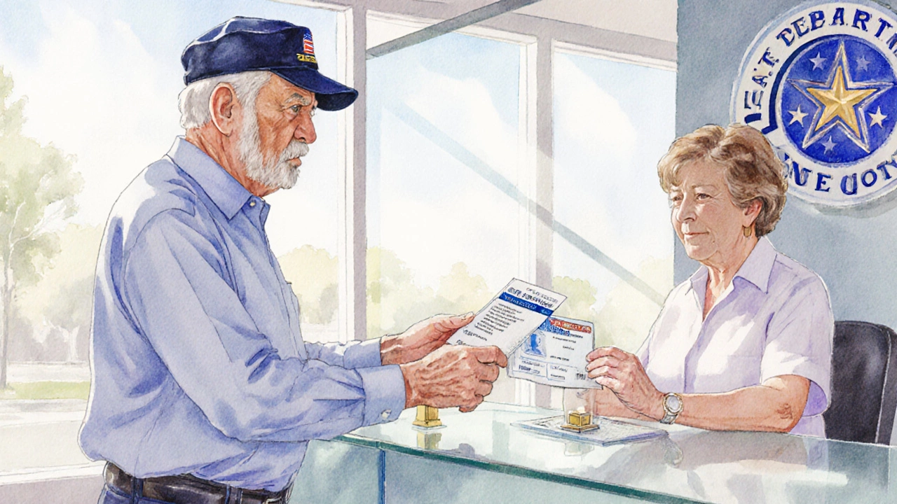 Illustration of a veteran senior receiving a license with a gold star at a DDS office.