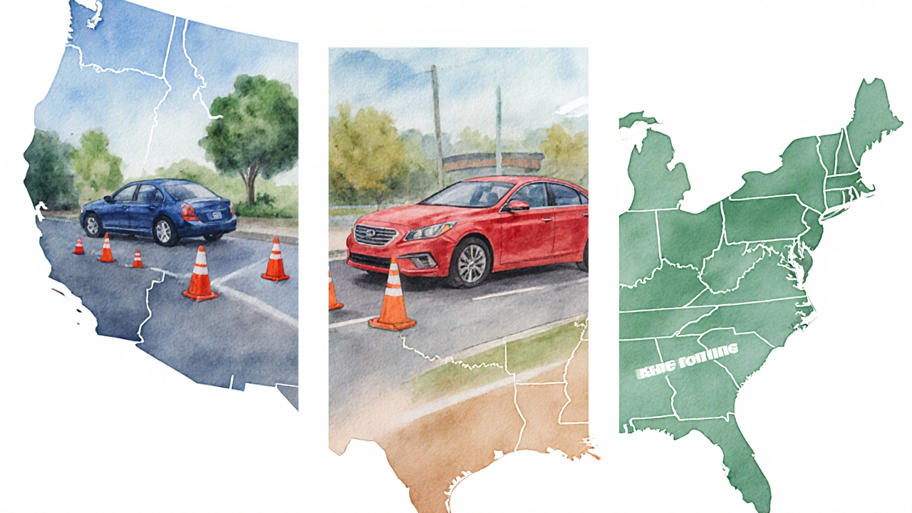Illustration of parallel park, three‑point turn, lane change, with US map highlighting hardest and easiest states.