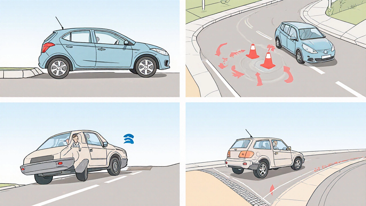 Illustration showing four driving maneuvers: parallel park, three‑point turn, hill start, reverse around corner.