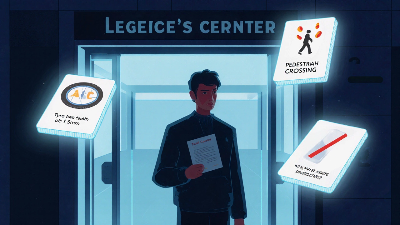 Individual at test center surrounded by floating key driving rule visuals.