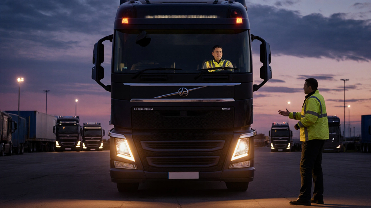 Instructor guiding a trainee driving a dual‑control HGV during a reverse maneuver at dusk.