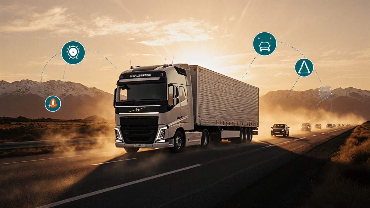 Large articulated HGV on highway at sunset with symbolic safety icons around it.