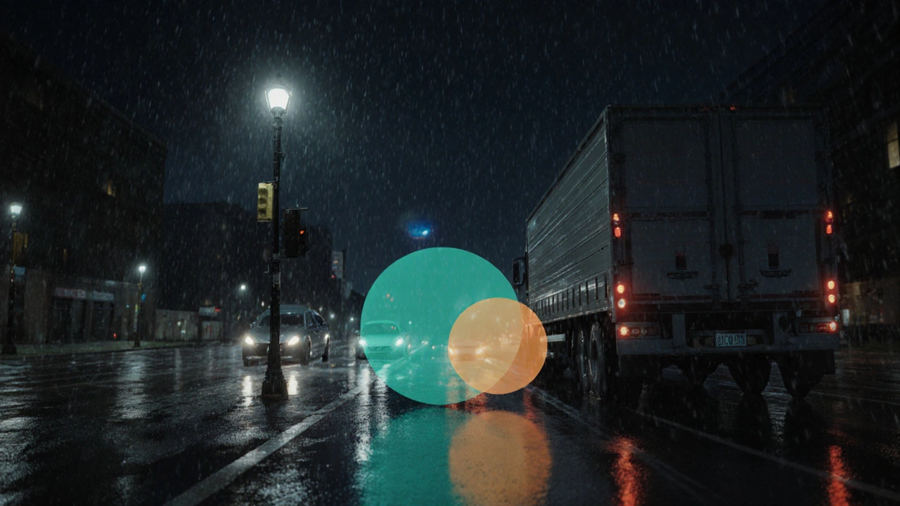 Night city street where a car follows a truck, using a lamp post to demonstrate the two‑second safety rule.