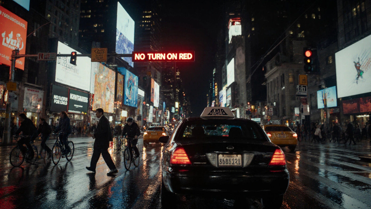 Nighttime driving test in New York City with chaotic traffic, neon signs, and a complete stop before a red light.