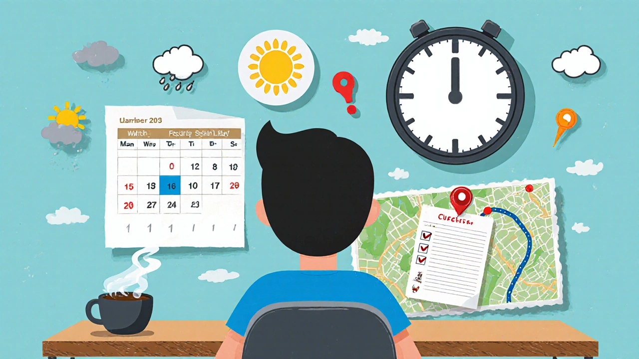Person planning a test slot surrounded by calendar, clock, weather icons, and a road map.