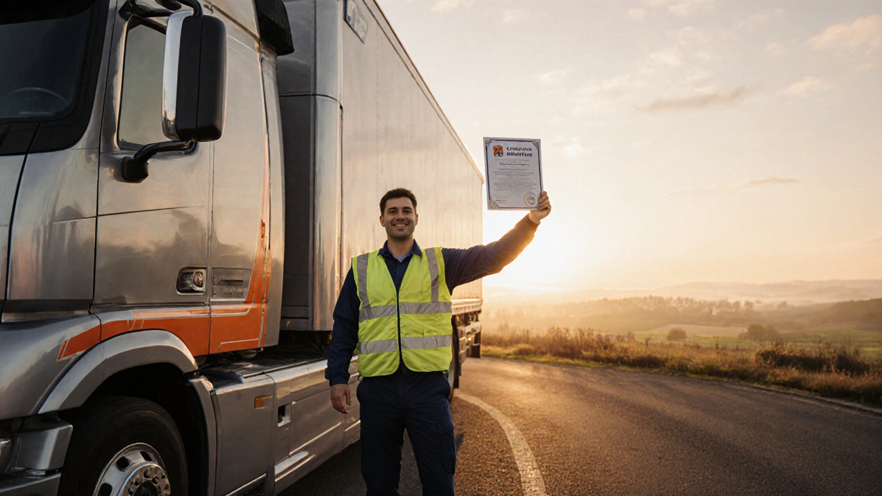 Qualified driver holding a CPC certificate beside a truck at sunrise, celebrating success.