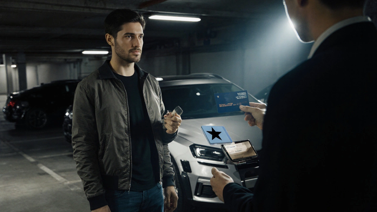 Scene of a driver with a disability receiving a license bearing a black star.