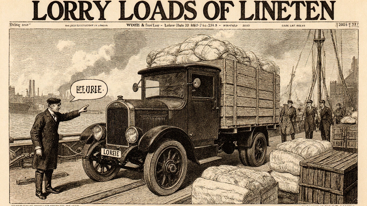 Sepia illustration of an early 1920s motor lorry being loaded at a Liverpool dock.