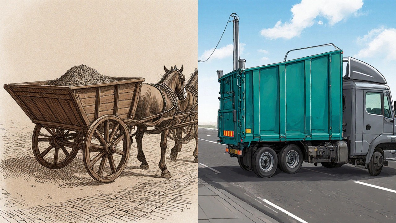 Split illustration of a Victorian dustcart and a modern UK bin lorry side by side.