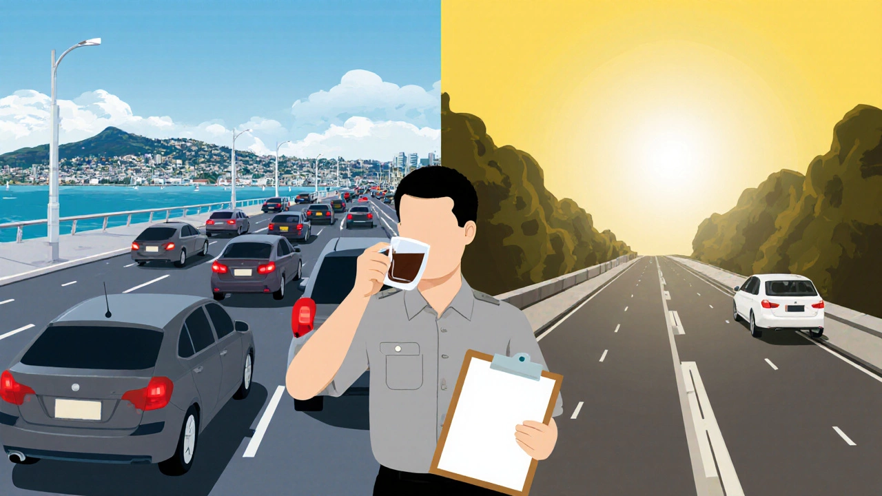 Split view of congested morning traffic versus clear afternoon road with examiner holding coffee.