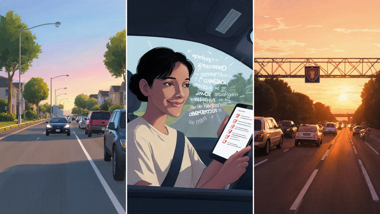 Three panels showing driver checklist on quiet street, confident driving in light traffic, and steady driving on busy highway.