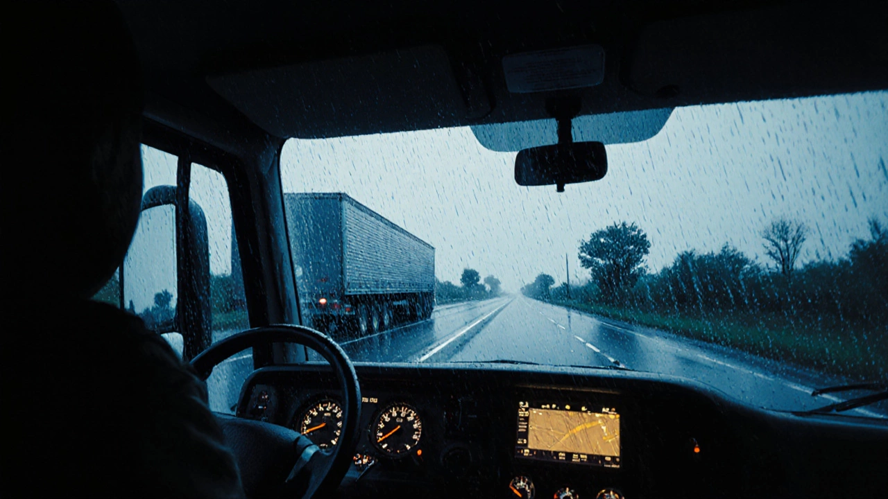Truck driver navigating rainy rural road with mirrors reflecting wet pavement.