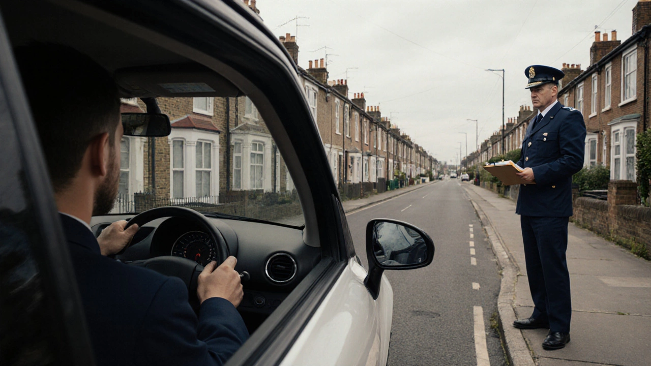 UK driving test scene with car parallel‑parking while examiner watches on a residential street.