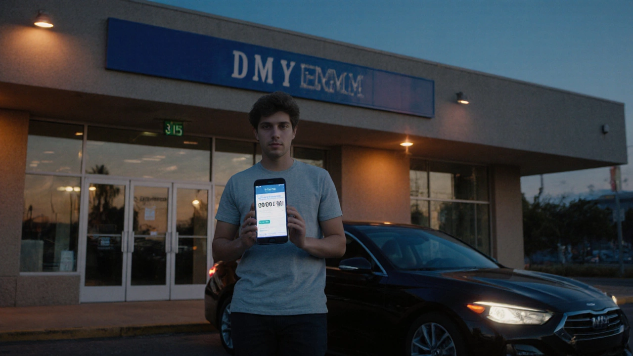 Young driver outside DMV holding a confirmation number, beside a car ready for a road test.