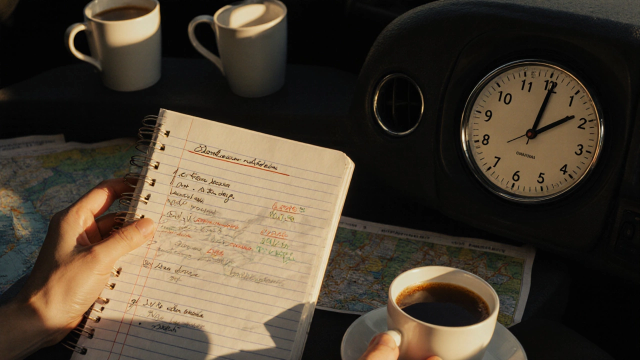 A notebook and dashboard clock showing daily progression during an intensive driving course.