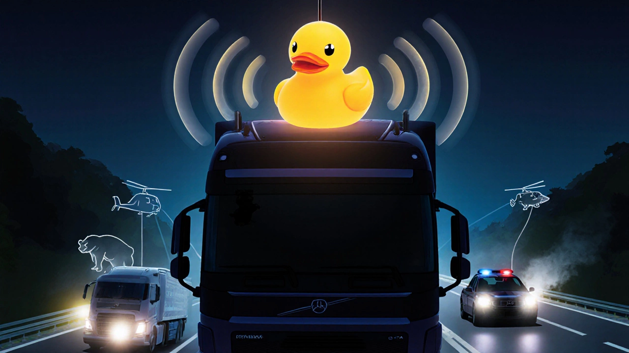 A stylized rubber ducky antenna emitting radio waves that connect multiple trucks on a motorway at night.