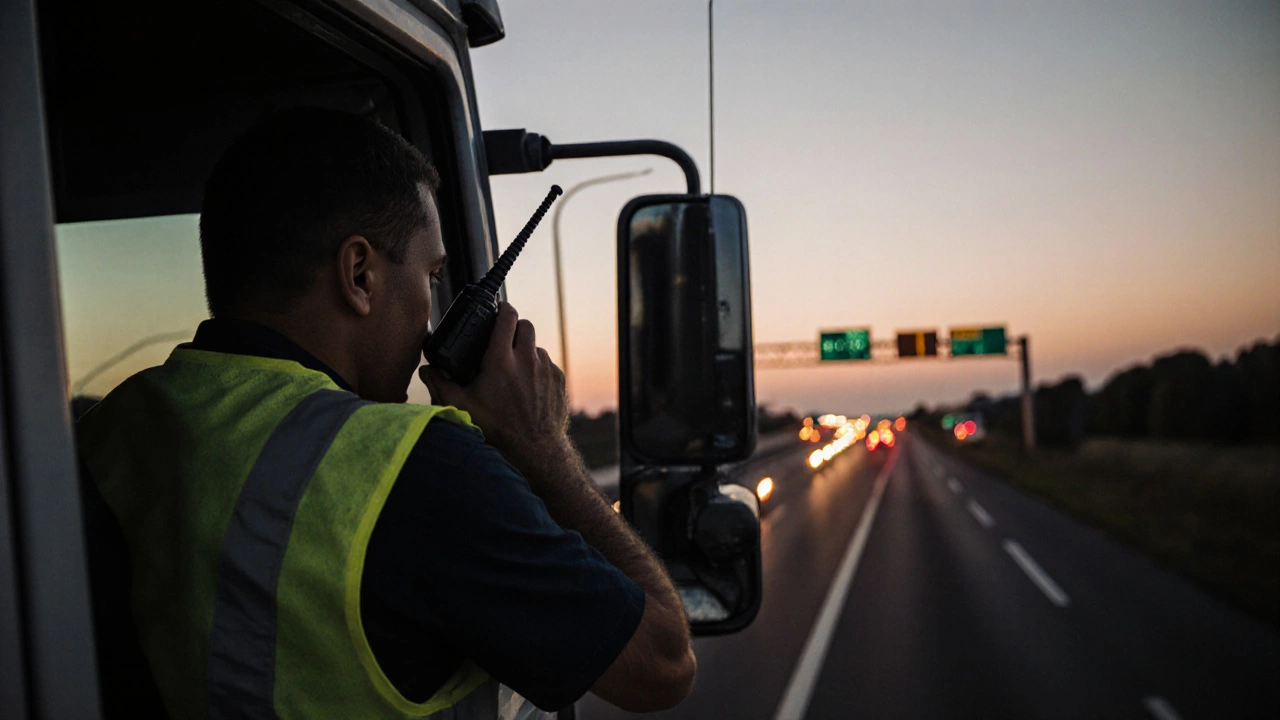 A trucker leaning from his cab, touching the rubber ducky antenna as dusk settles on a busy highway.