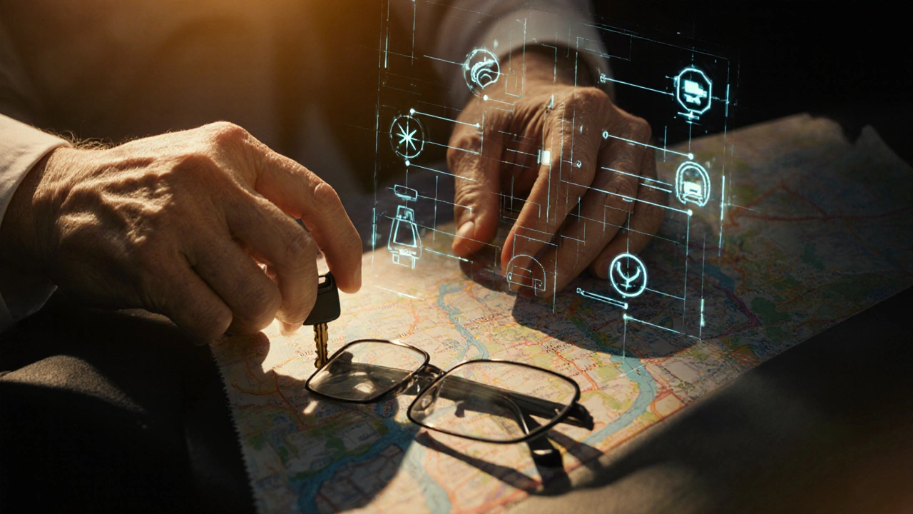 An elderly hand placing a car key beside reading glasses and digital safety icons.