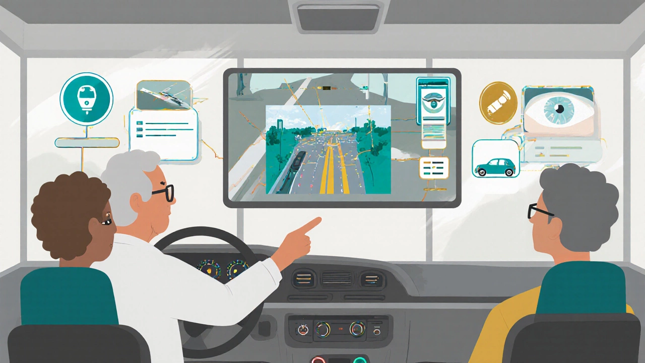An older adult learning intersection scanning techniques in a driving course.