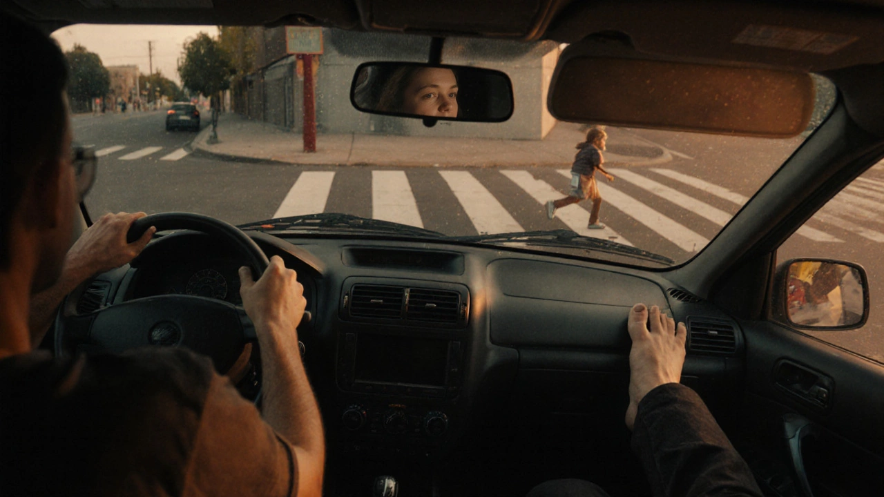 Car braking near a crosswalk, right foot applying brake, left foot safely off pedals as a child walks nearby.