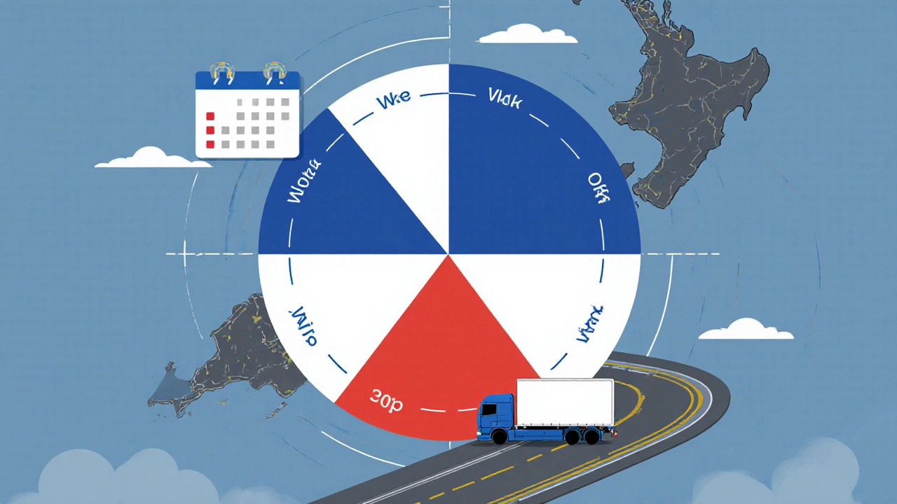 Color-coded 9-day work-rest calendar wheel with truck icon, overlaid on UK and NZ highway map.