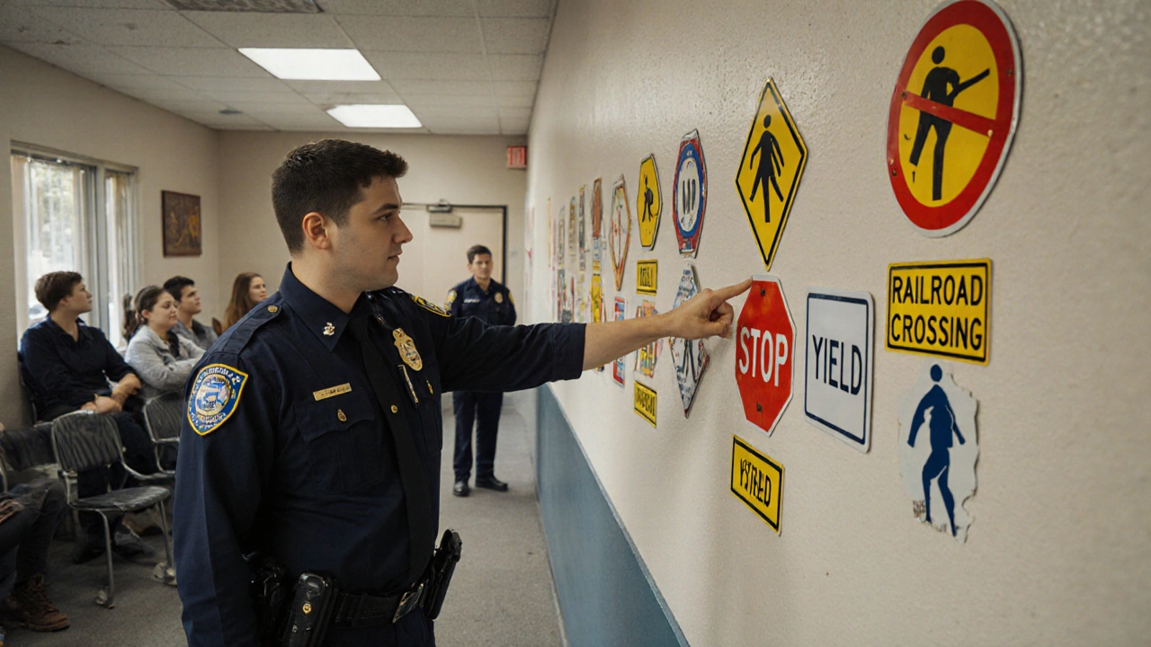 DMV officer showing road signs to a teen taking the signs recognition test