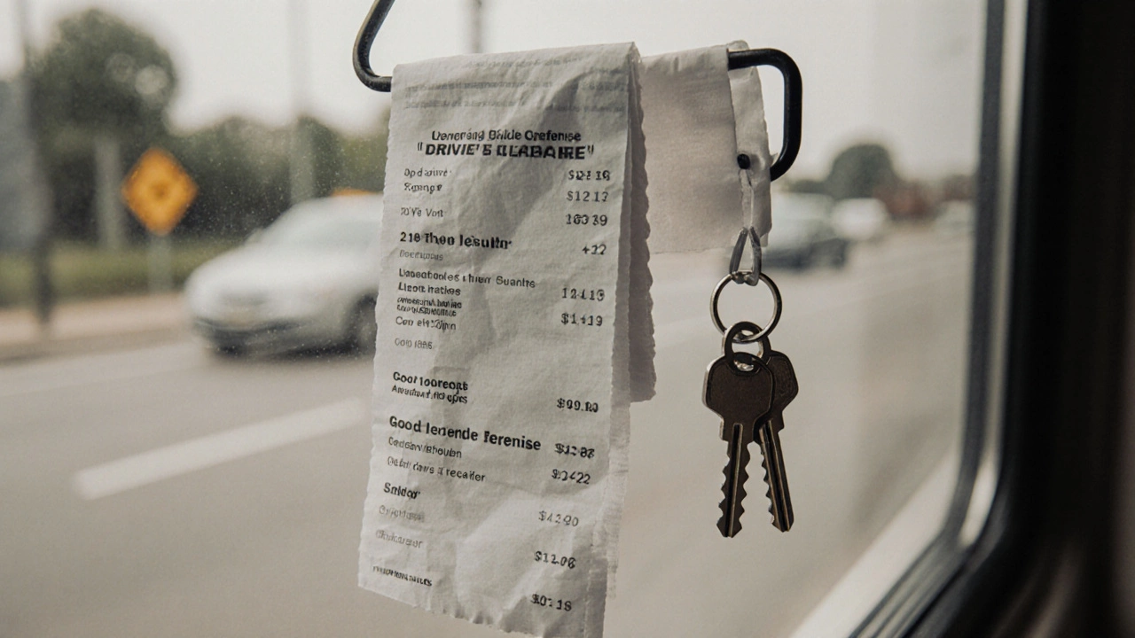 Driver’s license keys beside stacked lesson receipts, symbolizing repeated practice over time.