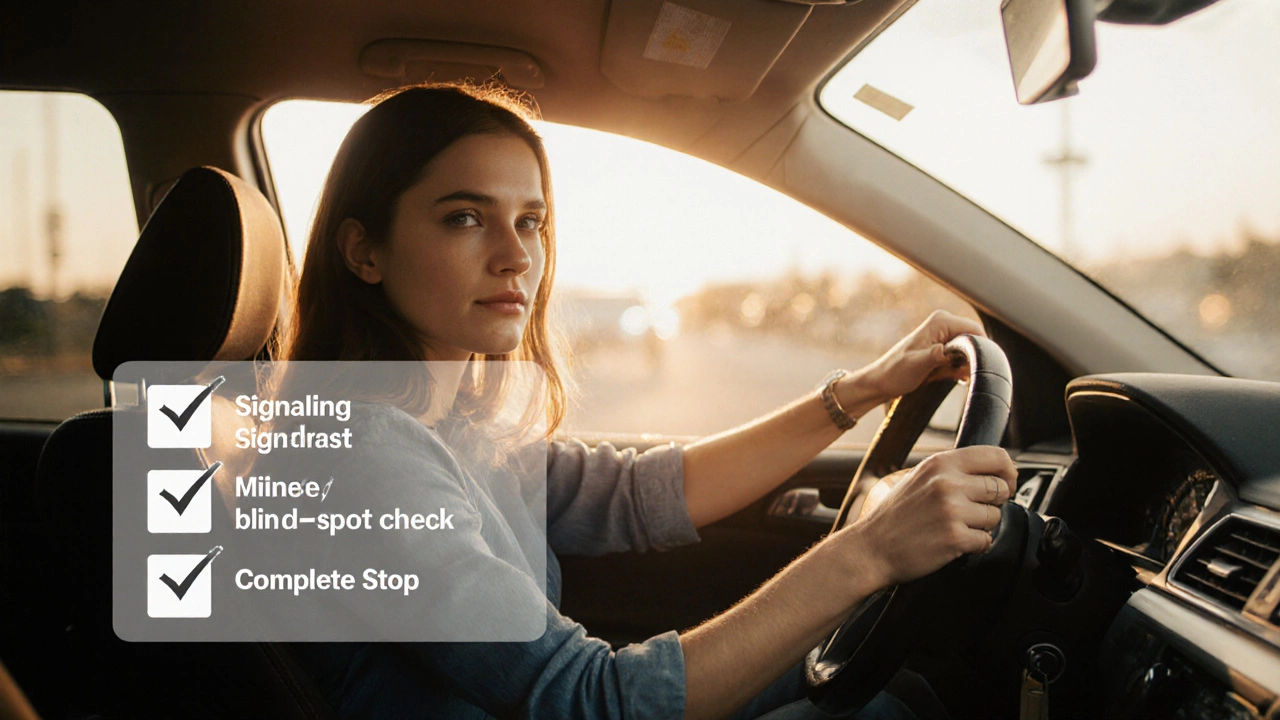 Driver successfully parallel parking with perfect curb distance and head check visible.