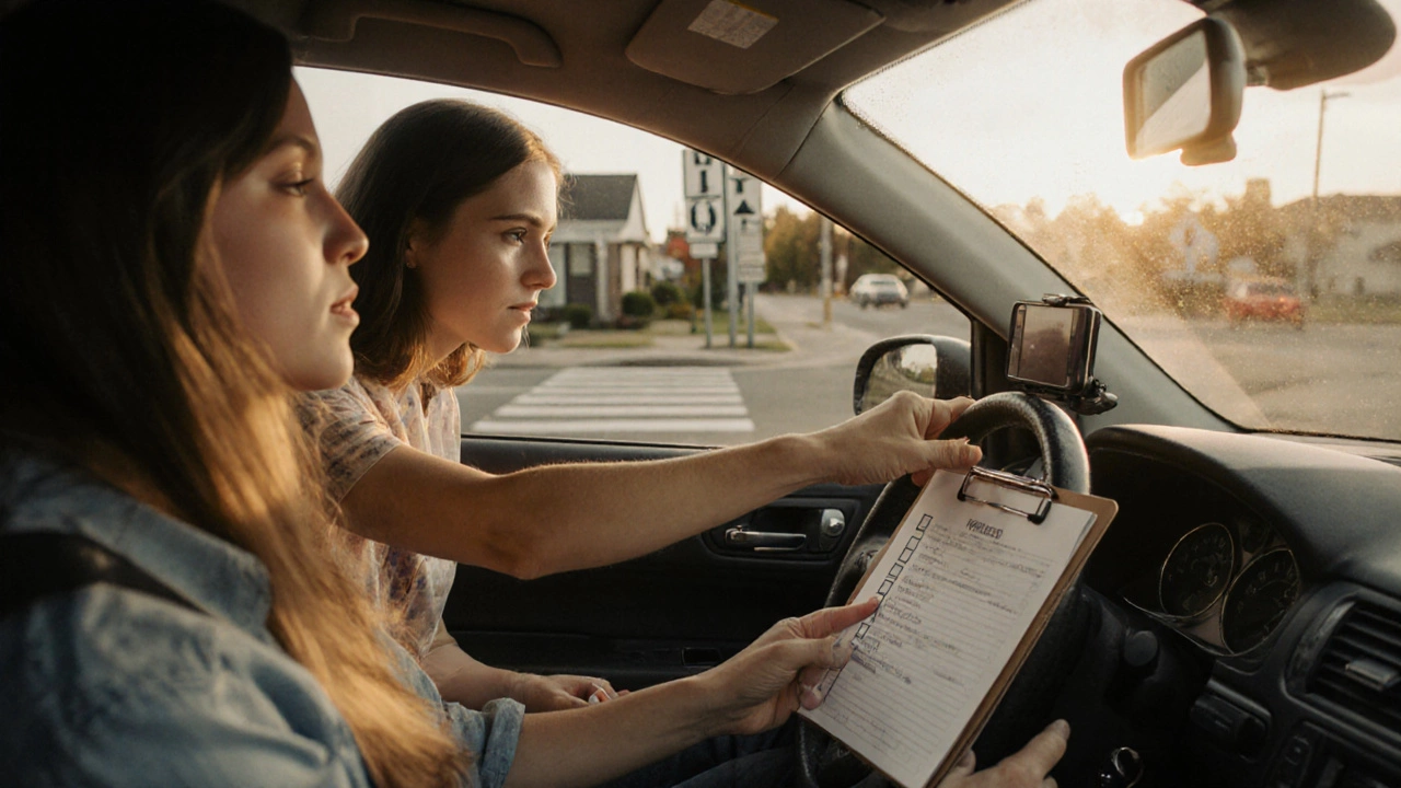 Driving instructor guiding student during parallel parking practice, checklist in hand, phone recording.