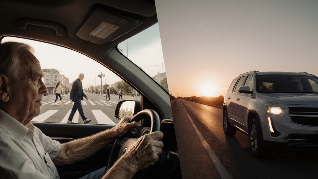 Elderly driver adapting to road conditions, one side cautious, other side confident.
